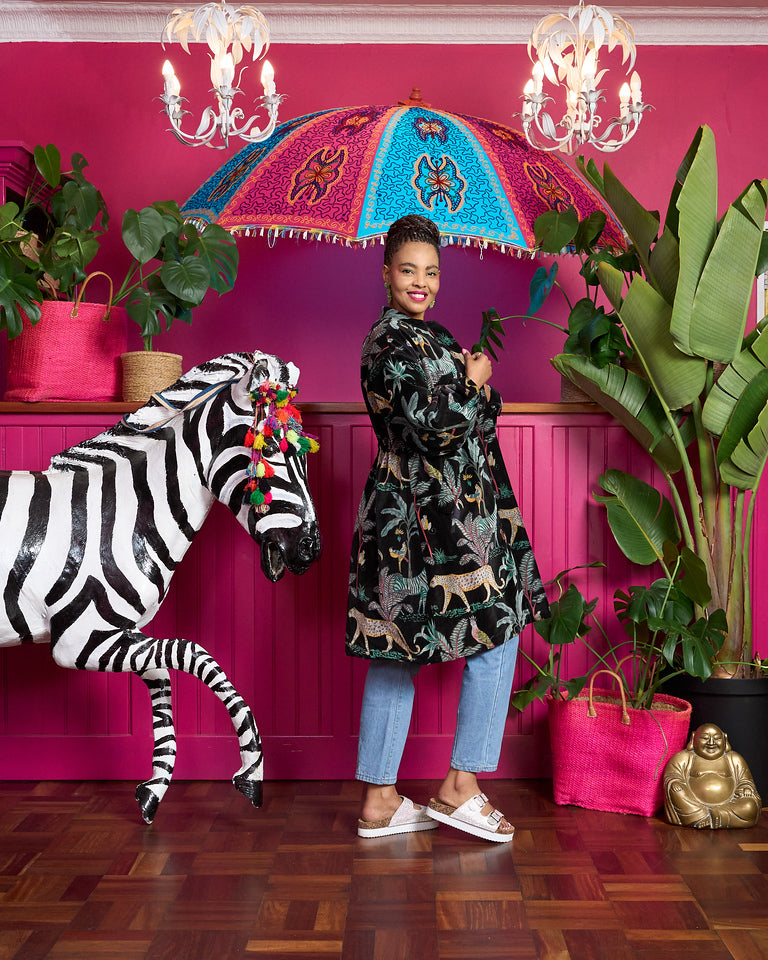 The Velvet Joy Jacket - Black Zebra & Black Tiger Lining