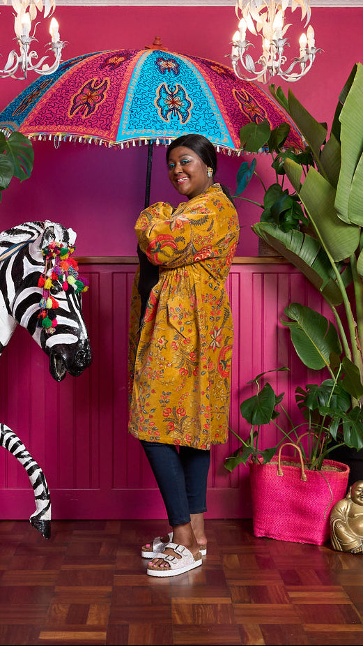 The Velvet Joy Jacket - Mustard Floral with Mustard Stripe Lining