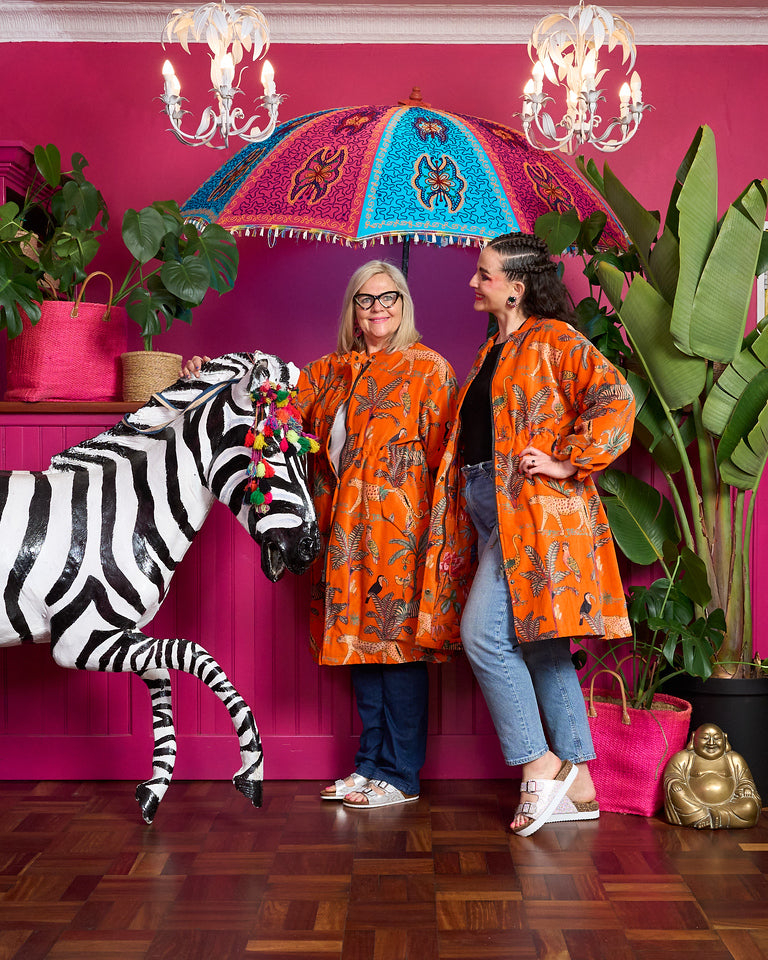 The Velvet Joy Jacket - Orange Zebra with Orange Bird Lining