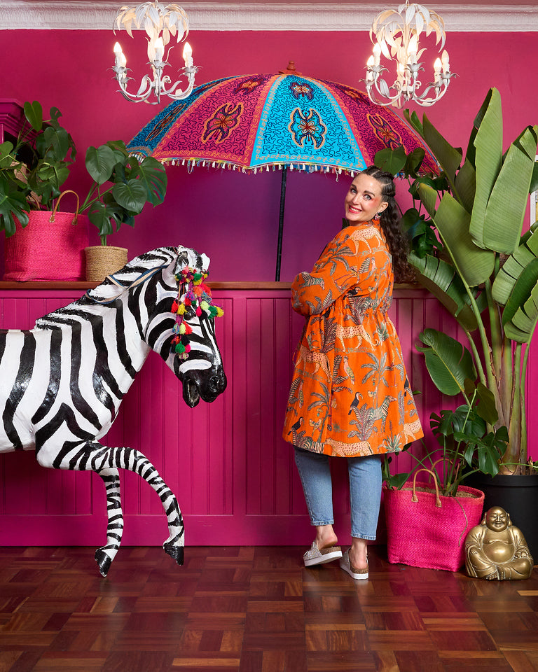 The Velvet Joy Jacket - Orange Zebra with Orange Bird Lining