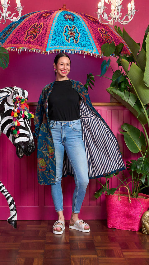 The Velvet Joy Jacket - Teal Floral with Teal Stripe Lining