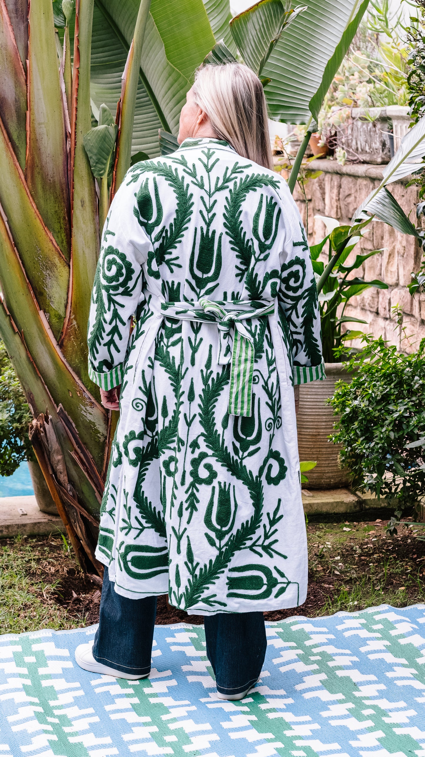 Long Suzani Jacket - White with Forest Green Embroidery