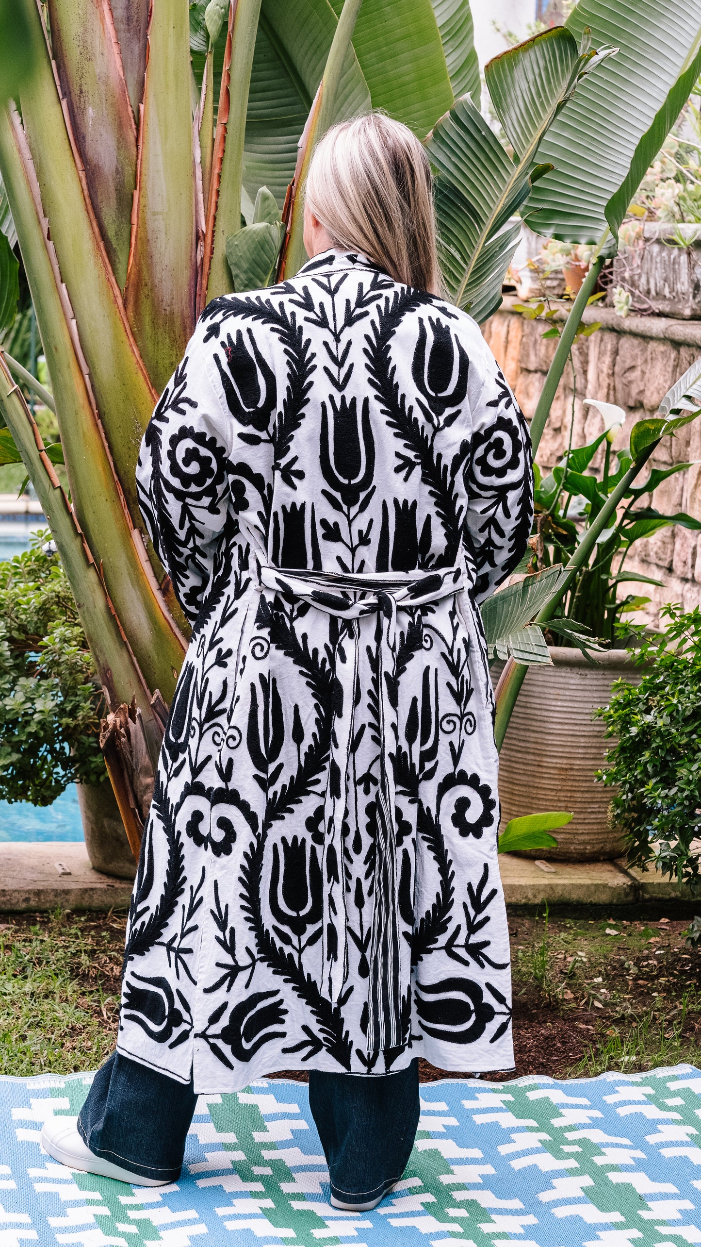 Long Suzani Jacket - White with Bold Black Embroidery