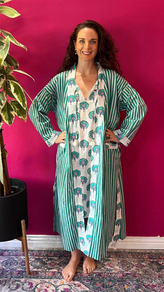Nighties - Teal Dandelions with Teal Stripe Kimono Gown (sold separately)