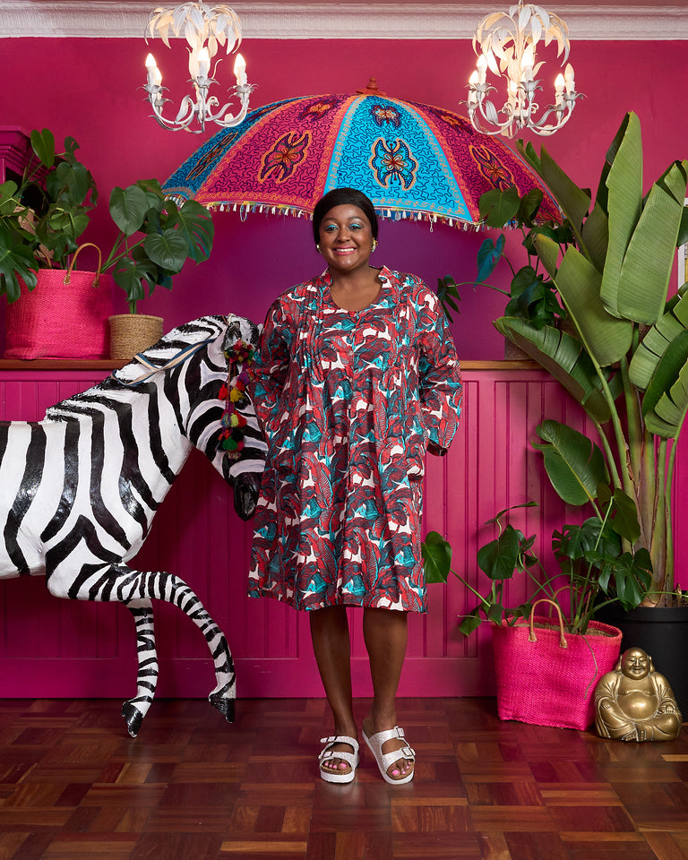Gypsey Dress - Red & Teal Banana Leaf