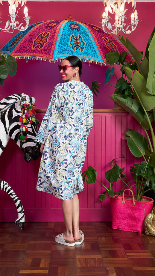 Gypsey Dress - White with Turquoise, Blue & Green