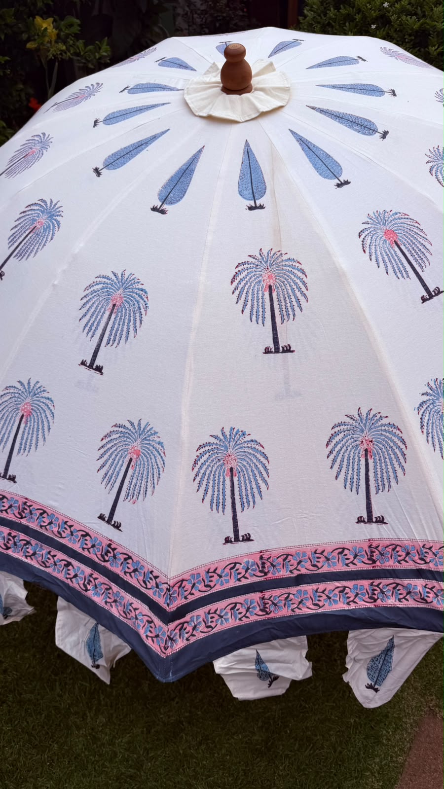 Off White with Blue Palms and Pink and Navy Accents
