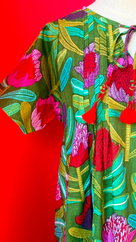 Dewy Dress - Olive Green with Pink and Red Proteas