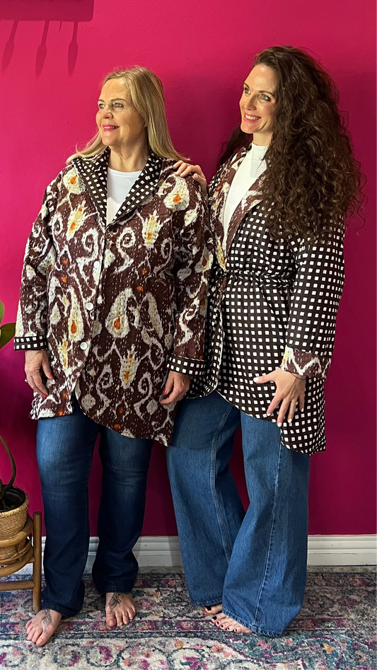 Paddington Peru Kantha Jacket - Chocolate Brown Ikat with Orange Detail with Brown and White Gingham Lining