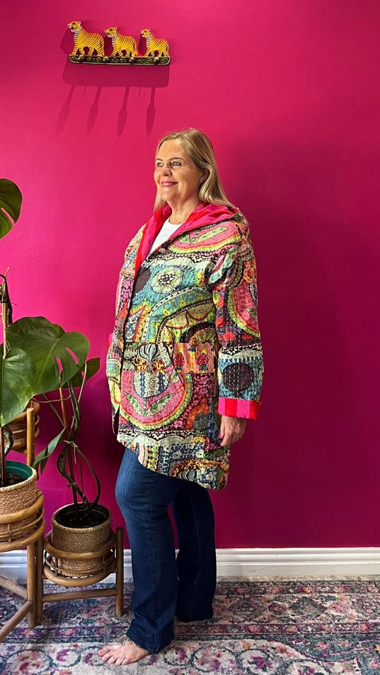 Paddington Peru Kantha Jacket - Joyful Art Print with Hot Pink and Red Contrasting Stripe Lining