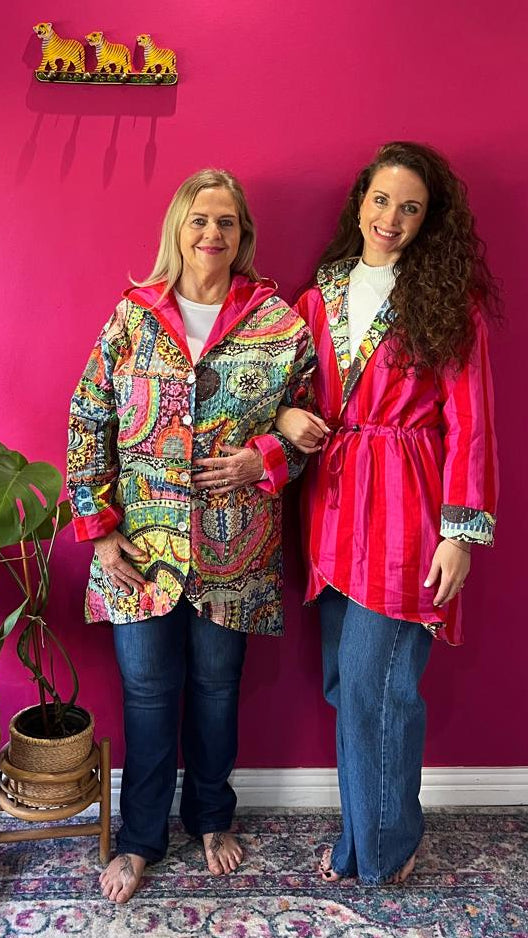Paddington Peru Kantha Jacket - Joyful Art Print with Hot Pink and Red Contrasting Stripe Lining