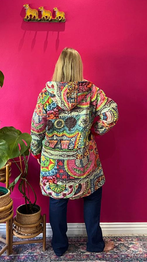Paddington Peru Kantha Jacket - Joyful Art Print with Hot Pink and Red Contrasting Stripe Lining