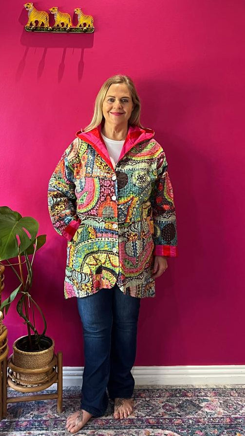 Paddington Peru Kantha Jacket - Joyful Art Print with Hot Pink and Red Contrasting Stripe Lining