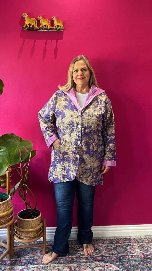 Paddington Peru Kantha Jacket - Violet Floral with Light Pink Contrasting Stripe Lining