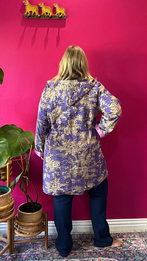 Paddington Peru Kantha Jacket - Violet Floral with Light Pink Contrasting Stripe Lining