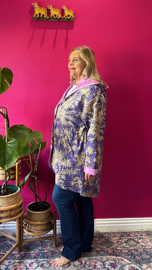 Paddington Peru Kantha Jacket - Violet Floral with Light Pink Contrasting Stripe Lining