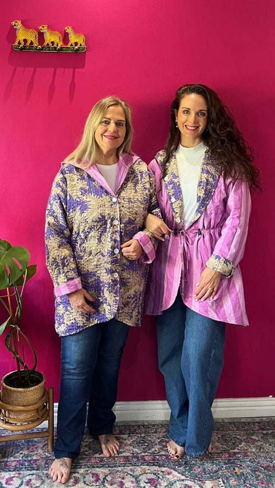 Paddington Peru Kantha Jacket - Violet Floral with Light Pink Contrasting Stripe Lining