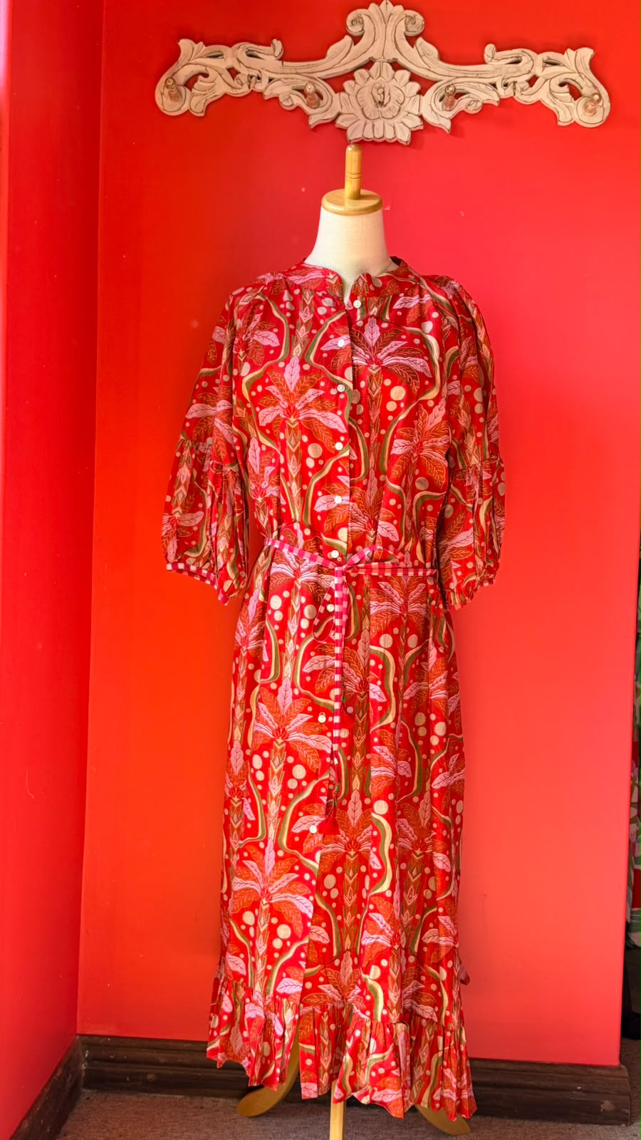 Charlie Grace Dress - Pink Paradise Palm on Red