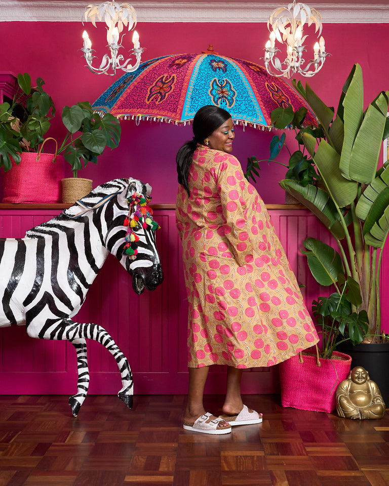 Rori Rose Dress - Tan & Hot Pink Kitti Print