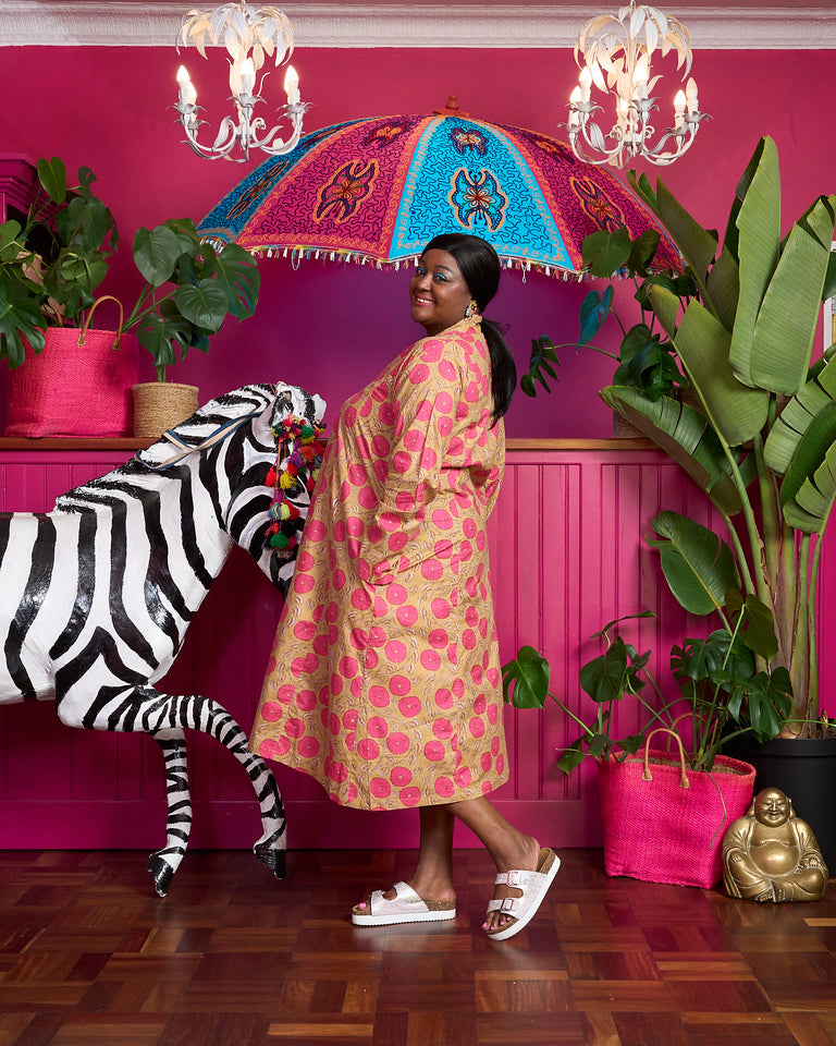 Rori Rose Dress - Tan & Hot Pink Kitti Print