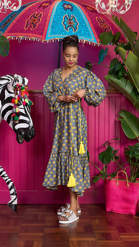 Shirley Joy Dress - Grey with Yellow Tulips