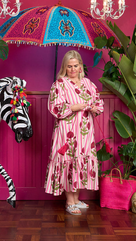 Shirley Joy Dress - White with Pink Candy Stripe and Red Royal Flower