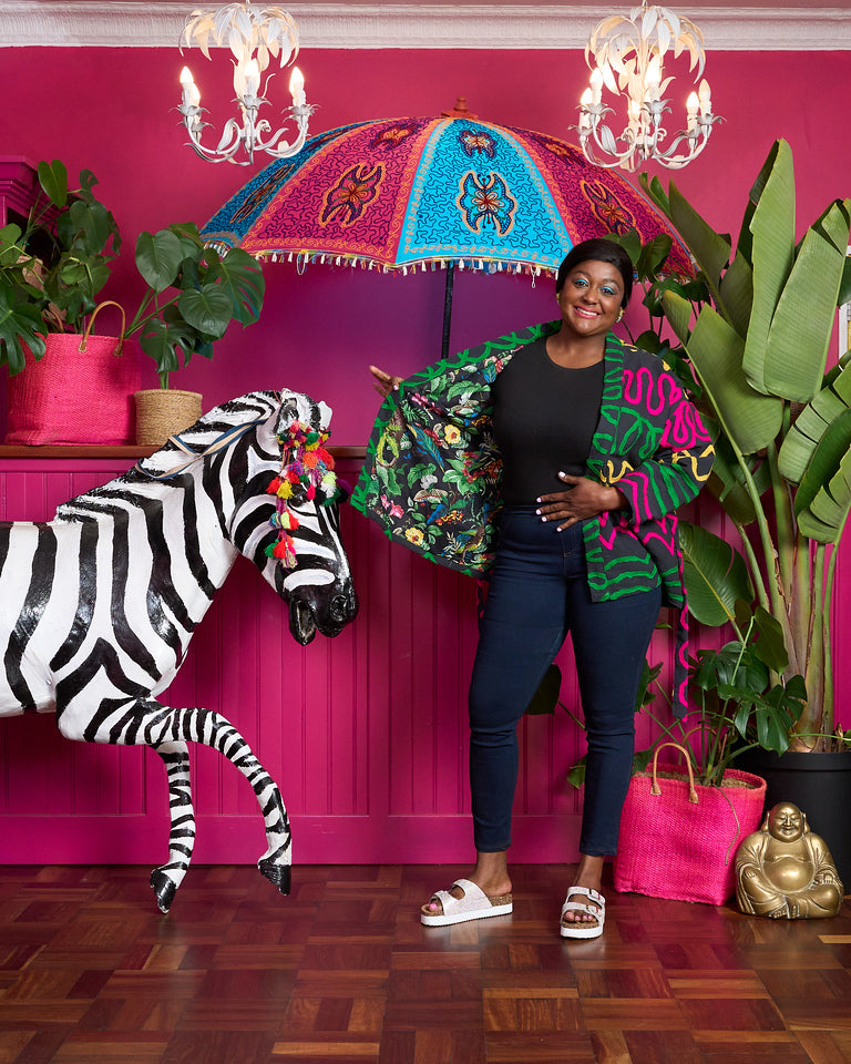 Suzani Cotton Jacket - Charcoal with Green, Pink and Yellow Black Monkey Lining