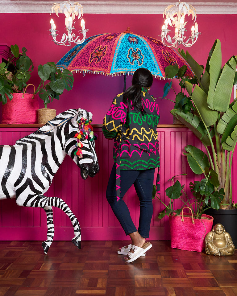 Suzani Cotton Jacket - Charcoal with Hot Pink, Yellow and Green Embroidery