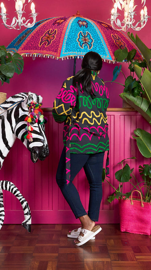 Suzani Cotton Jacket - Charcoal with Hot Pink, Yellow and Green Embroidery