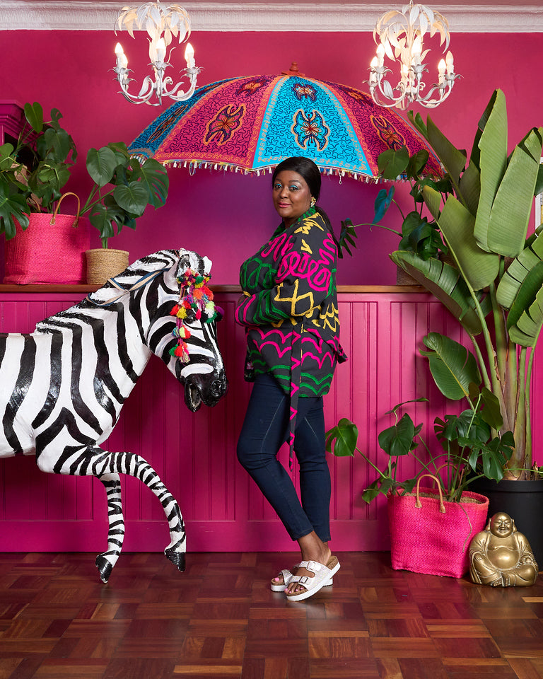 Suzani Cotton Jacket - Charcoal with Hot Pink, Yellow and Green Embroidery