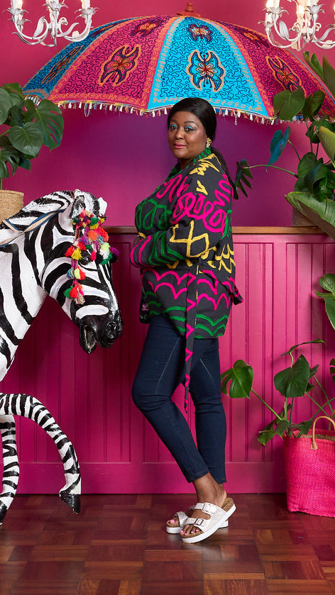 Suzani Cotton Jacket - Charcoal with Green, Pink and Yellow Black Monkey Lining