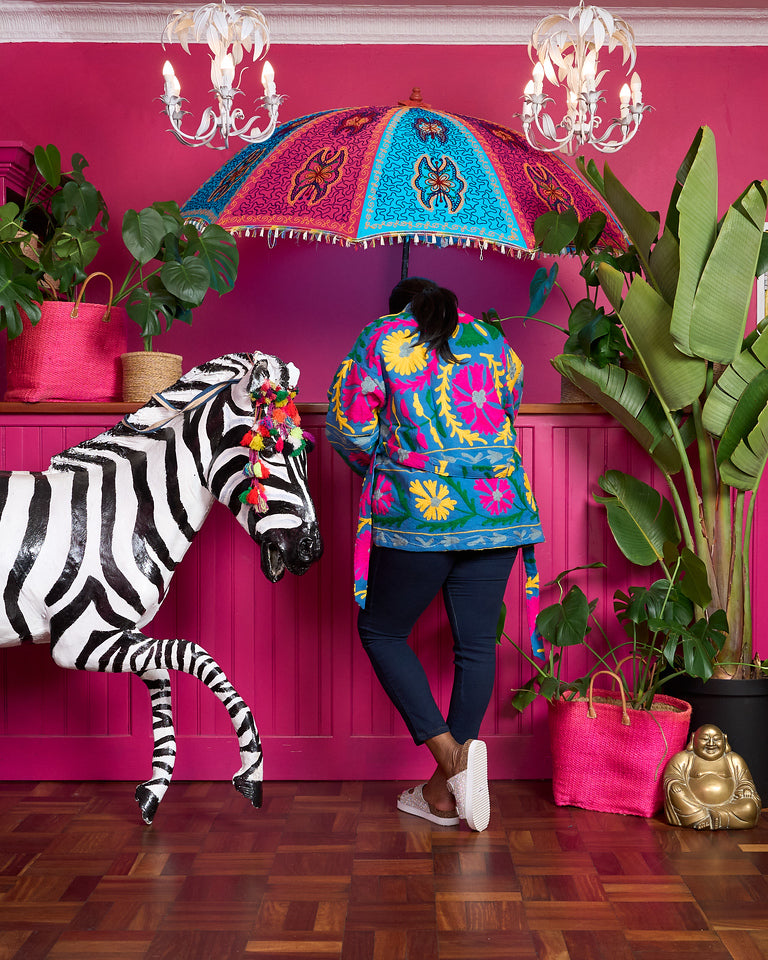 Suzani Cotton Jacket - Blue with Hot Pink, Yellow, Sky Blue and Green Embroidery