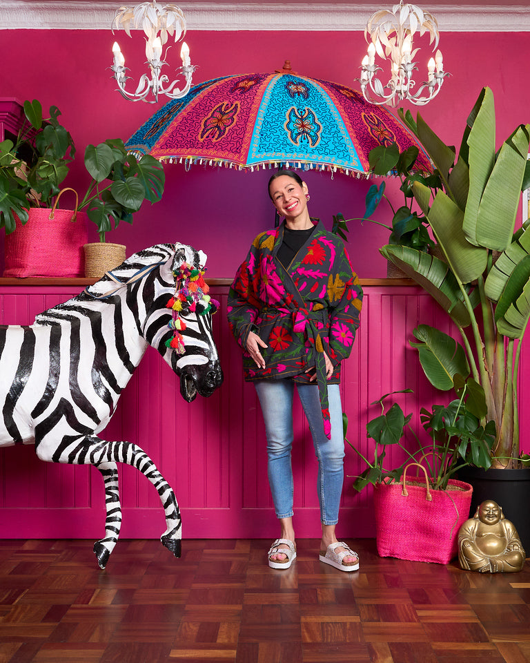 Suzani Cotton Jacket - Charcoal with Red, Pink, Mustard and Green Embroidery with Black Monkey lining