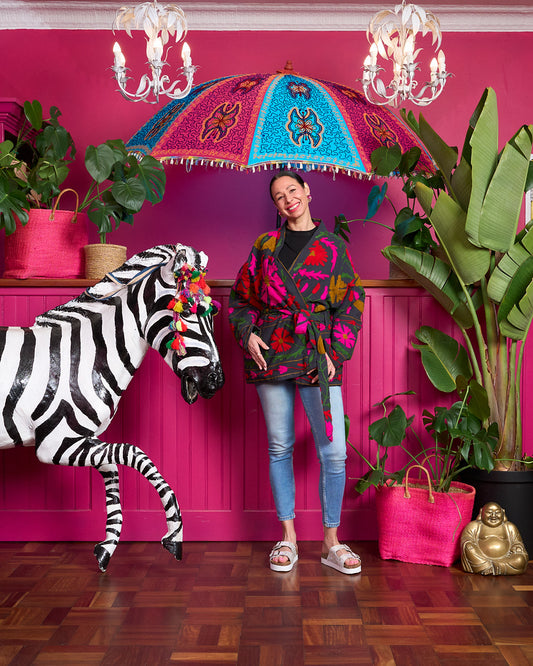 Suzani Cotton Jacket - Charcoal with Red, Pink, Mustard and Green Embroidery with Black Monkey lining