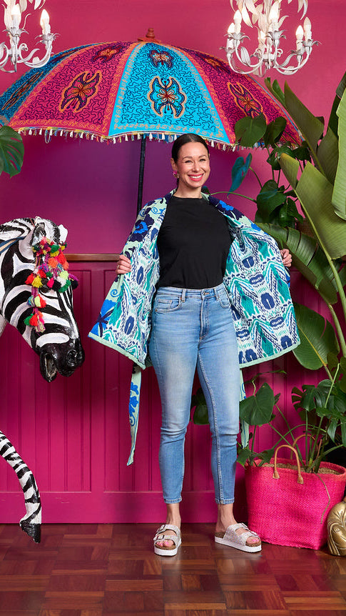 Suzani Cotton Jacket - Light Teal with Navy and Bright Blue Embroidery