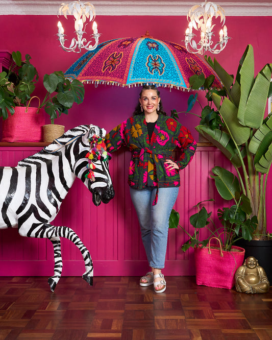 Suzani Cotton Jacket - Charcoal with Hot Pink, Red, Green and Mustard Embroidery