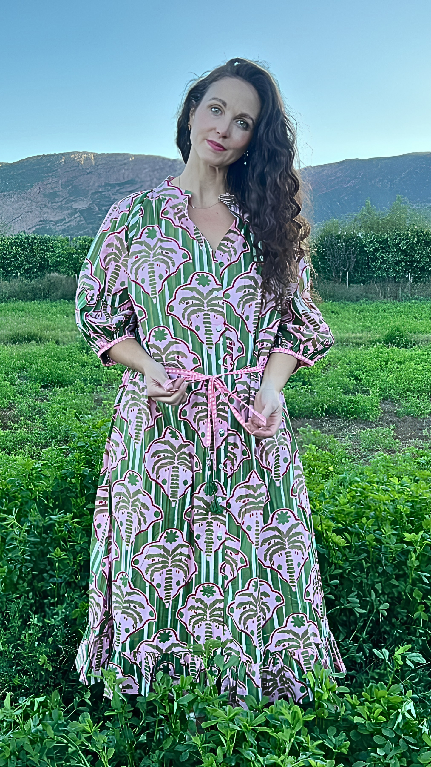 Charlie Grace Dress - Green and Pink Tropical stripe