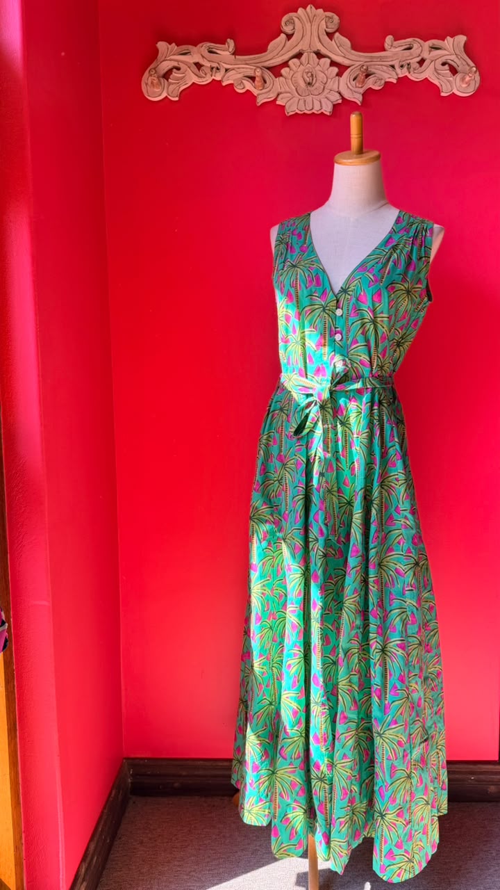 Avatar Dress - Vibrant Green base with Hot Pink, Lime Green and Mustard accents in an Abstract Tropical Palm-Leaf Print