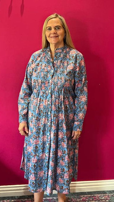 Ella Bella Shirt Dress - Sky Blue & Pink floral