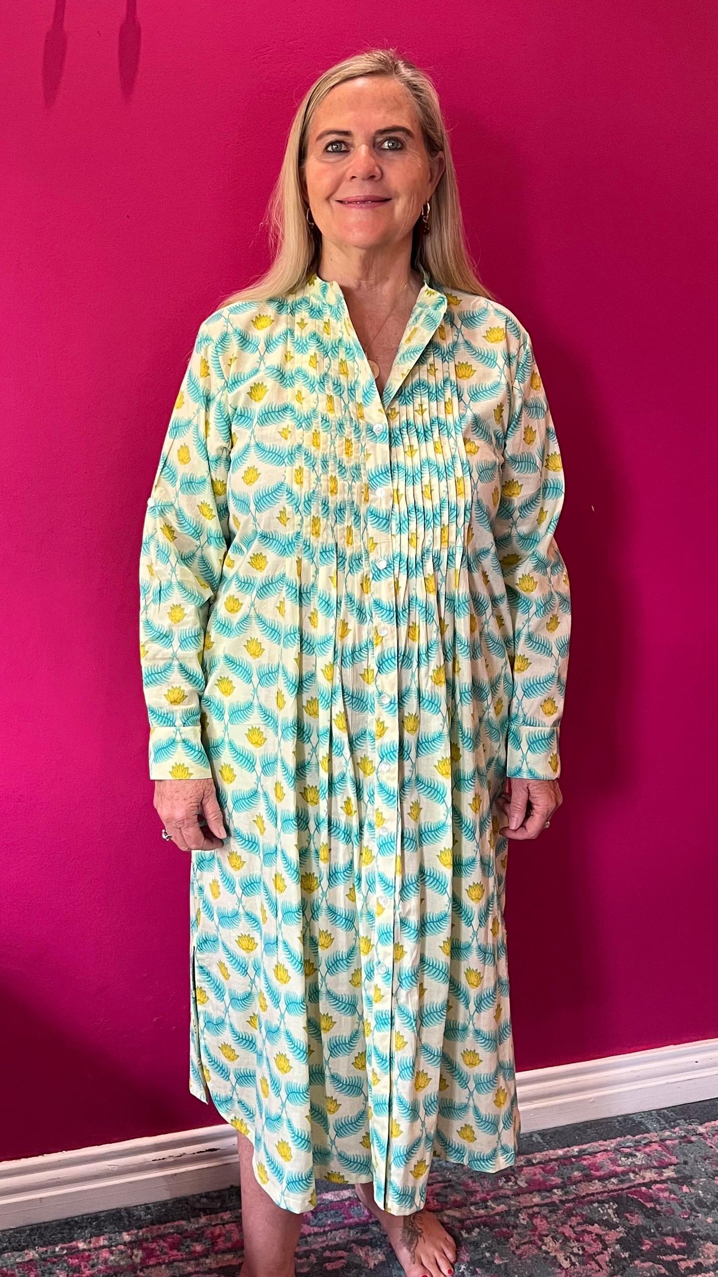 Ella Bella Shirt Dress - Cream with Turquoise Fern & Yellow Lotus Flower