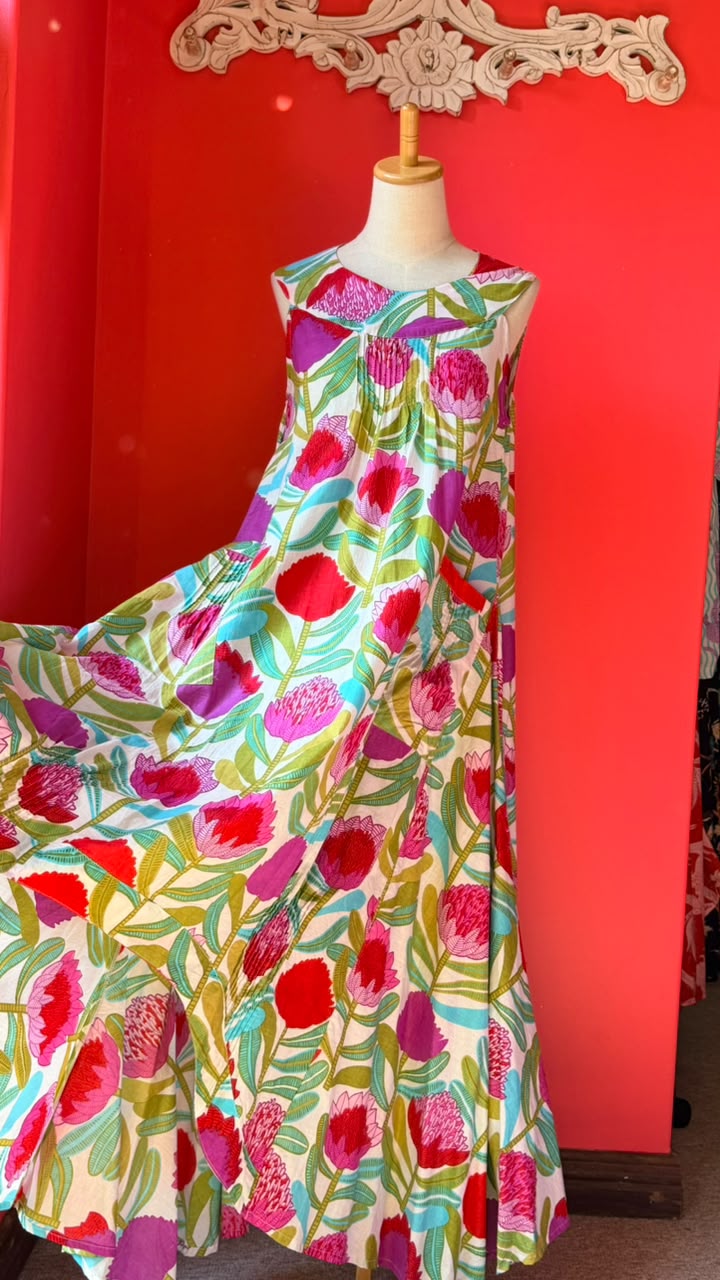 Bird Dress - White Background with Bold and Bright Pink and Red Proteas and Turquoise Leaves