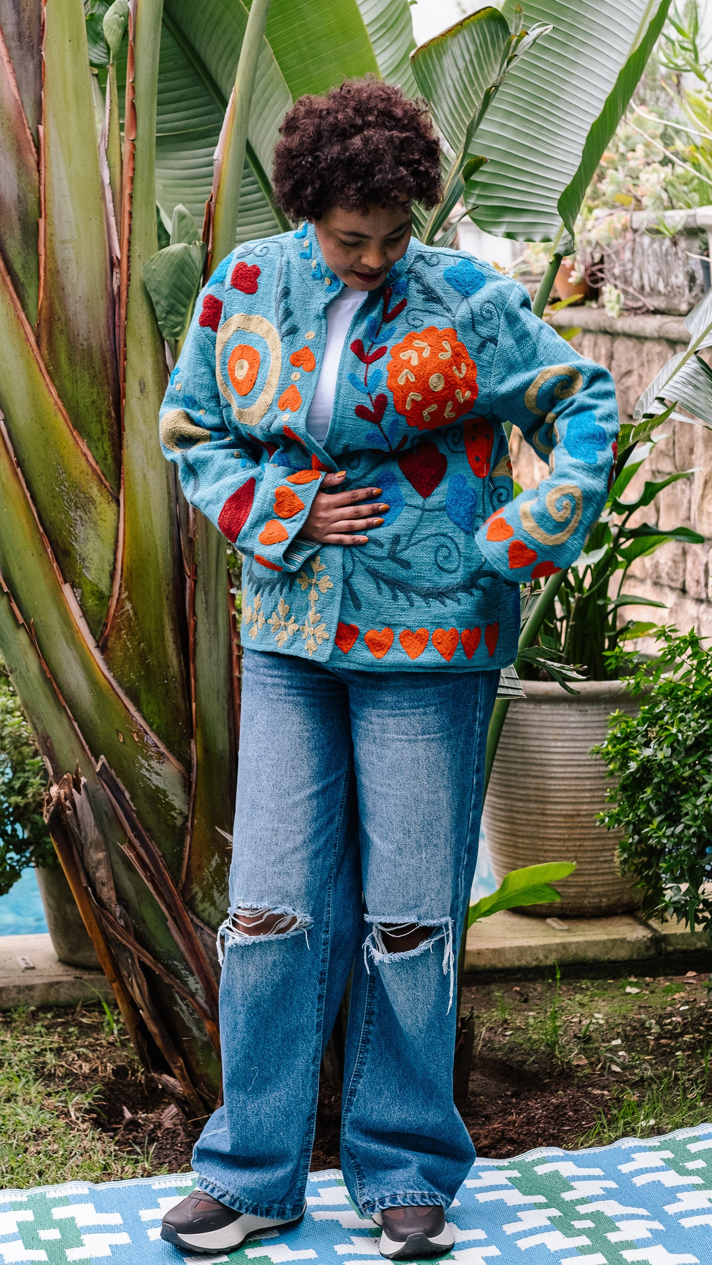 Cotton Weave Suzani Jacket - Soft Teal with Autumn Berry Blooms Embroidery