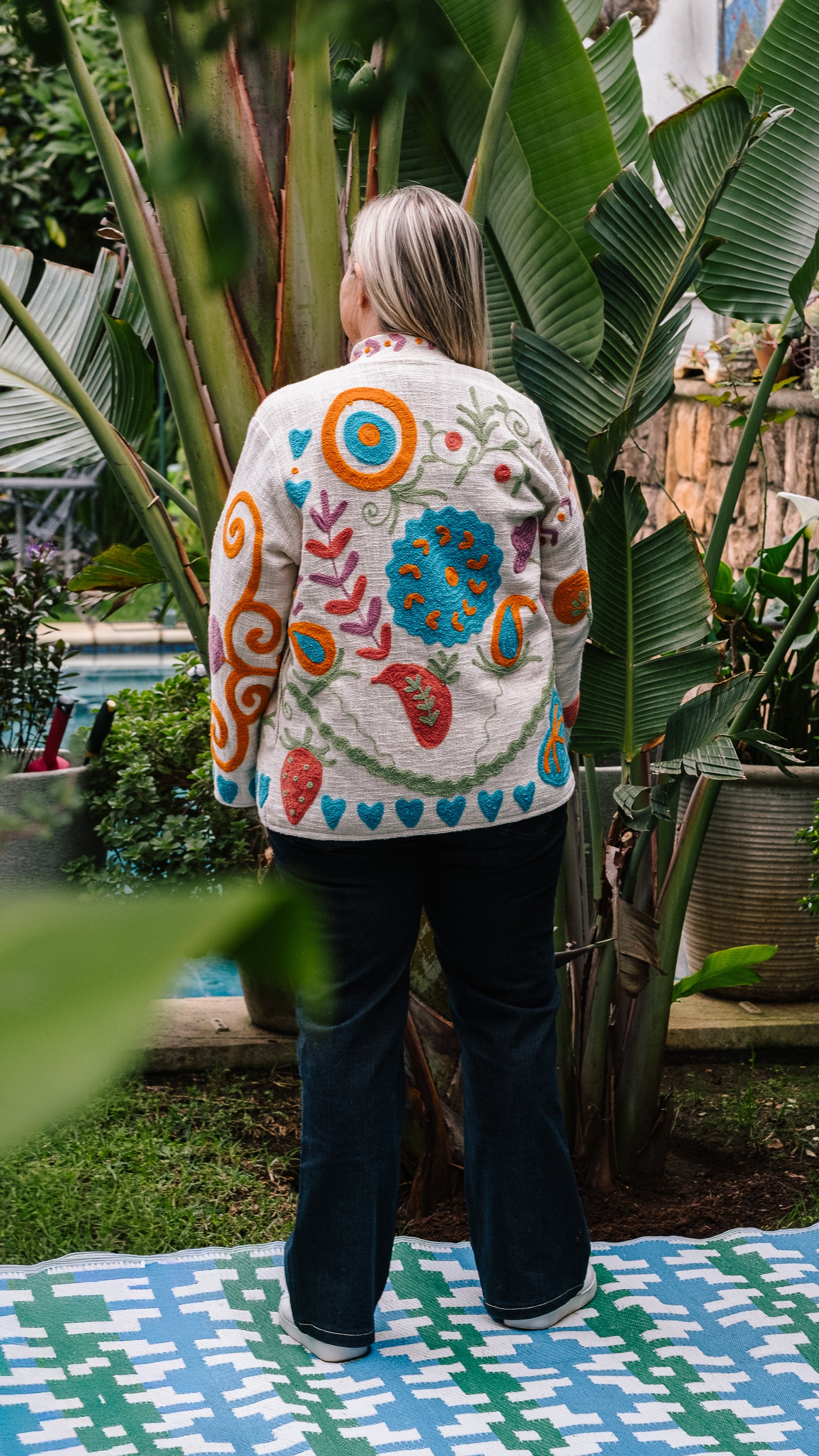 Cotton Weave Suzani Jacket - Cream with Pastel Berry Blooms Embroidery