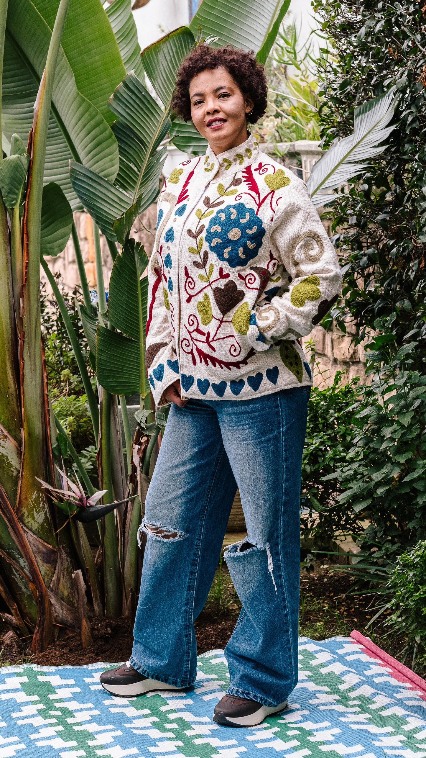 Cotton Weave Suzani Jacket - Cream with Winter Berry Blooms Embroidery