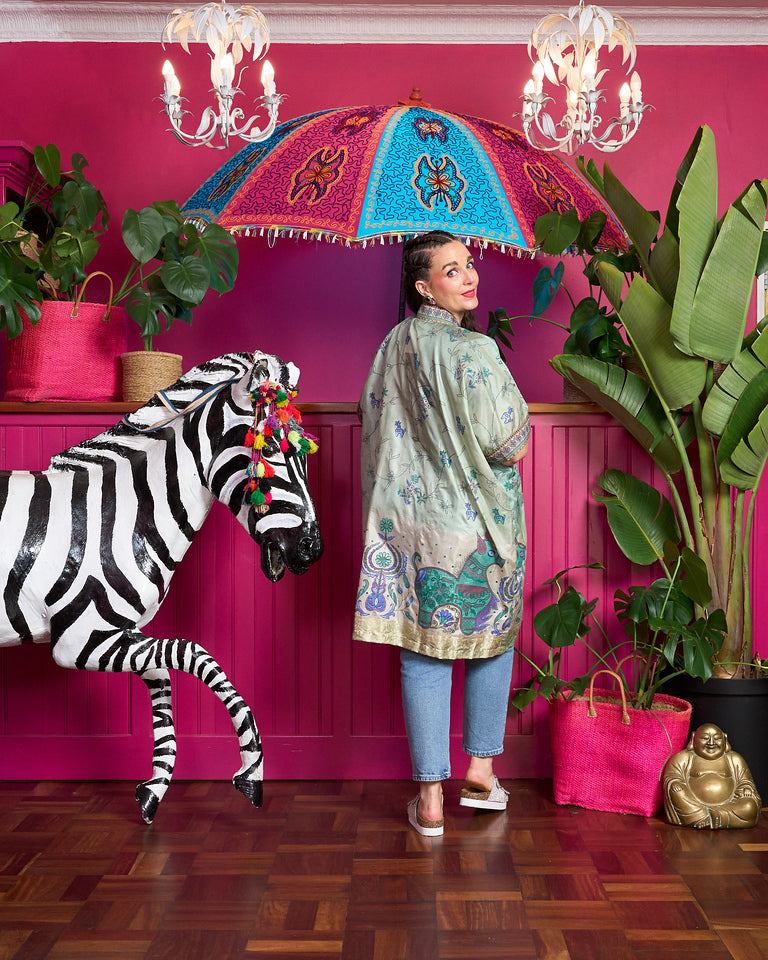 Summer Silk Kimono - Light Teal with Dragon Pup