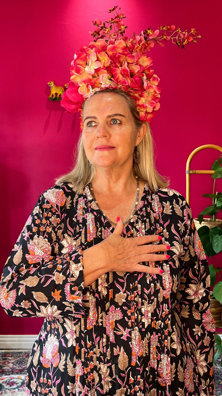 Sarah Lee Pleated Dress - Black with Pink and Orange Floral