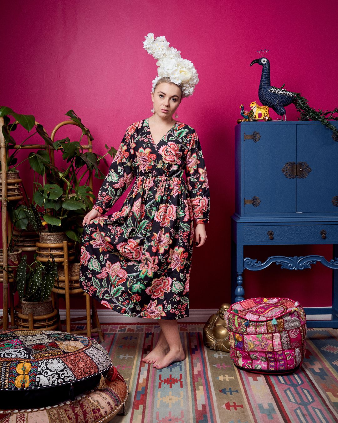 Dani Drawstring Dress - Black & Red Rose Print