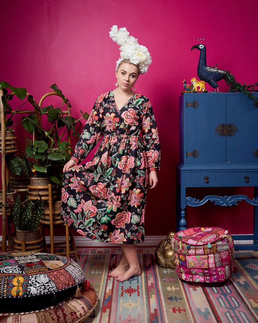 Dani Drawstring Dress - Black & Red Rose Print