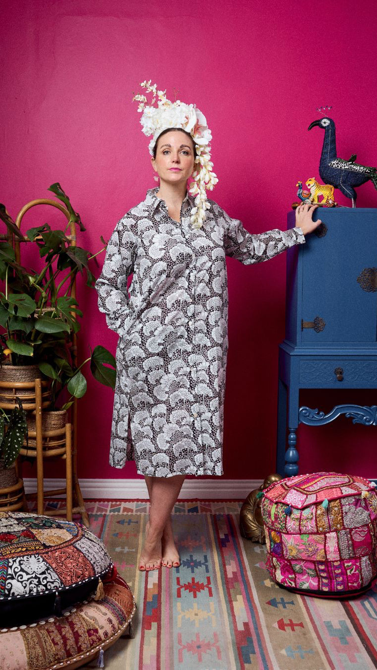 Boyfriend Shirt Dress - Black with White Acacia Tree