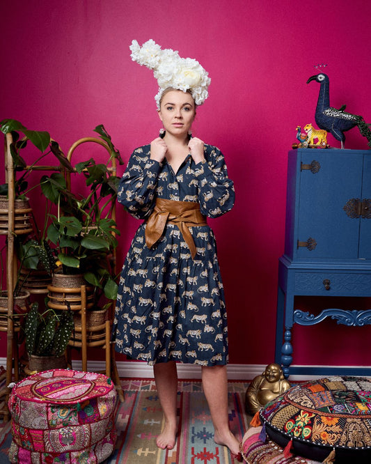 Jungli Tiered Dress - Navy Tiger Print